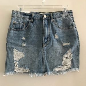 F21 High Waist Distressed Denim Skirt